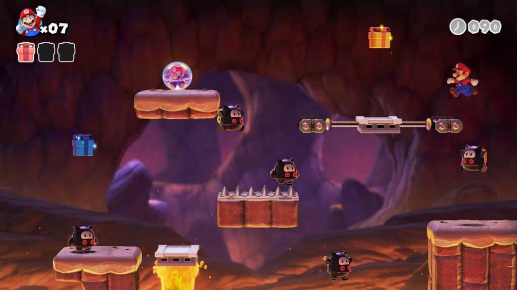 Mario walks through a lava level