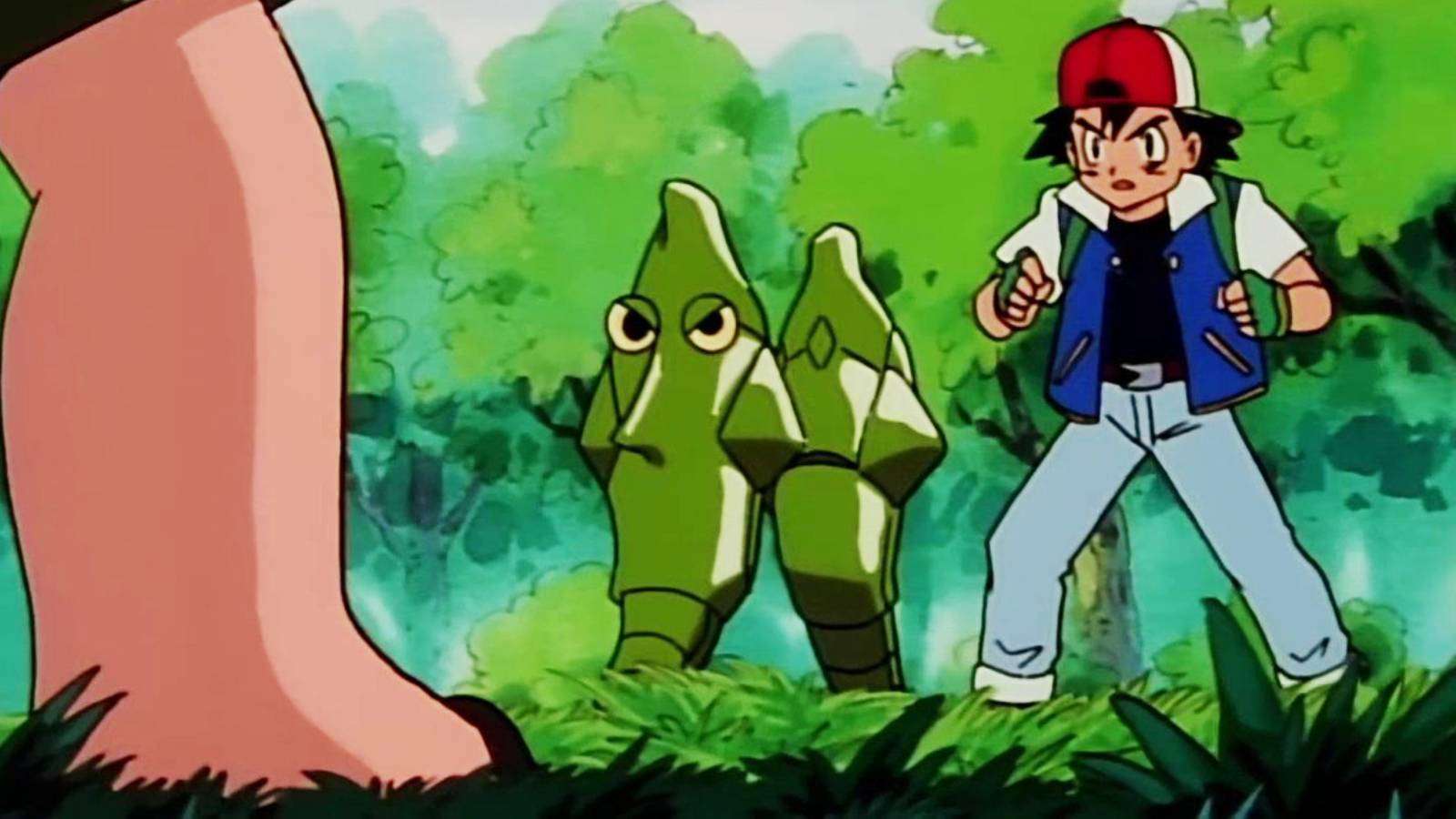 A still from the Pokemon anime shows Ash Ketchum and another trainer fighting, with both using a Metapod to battle