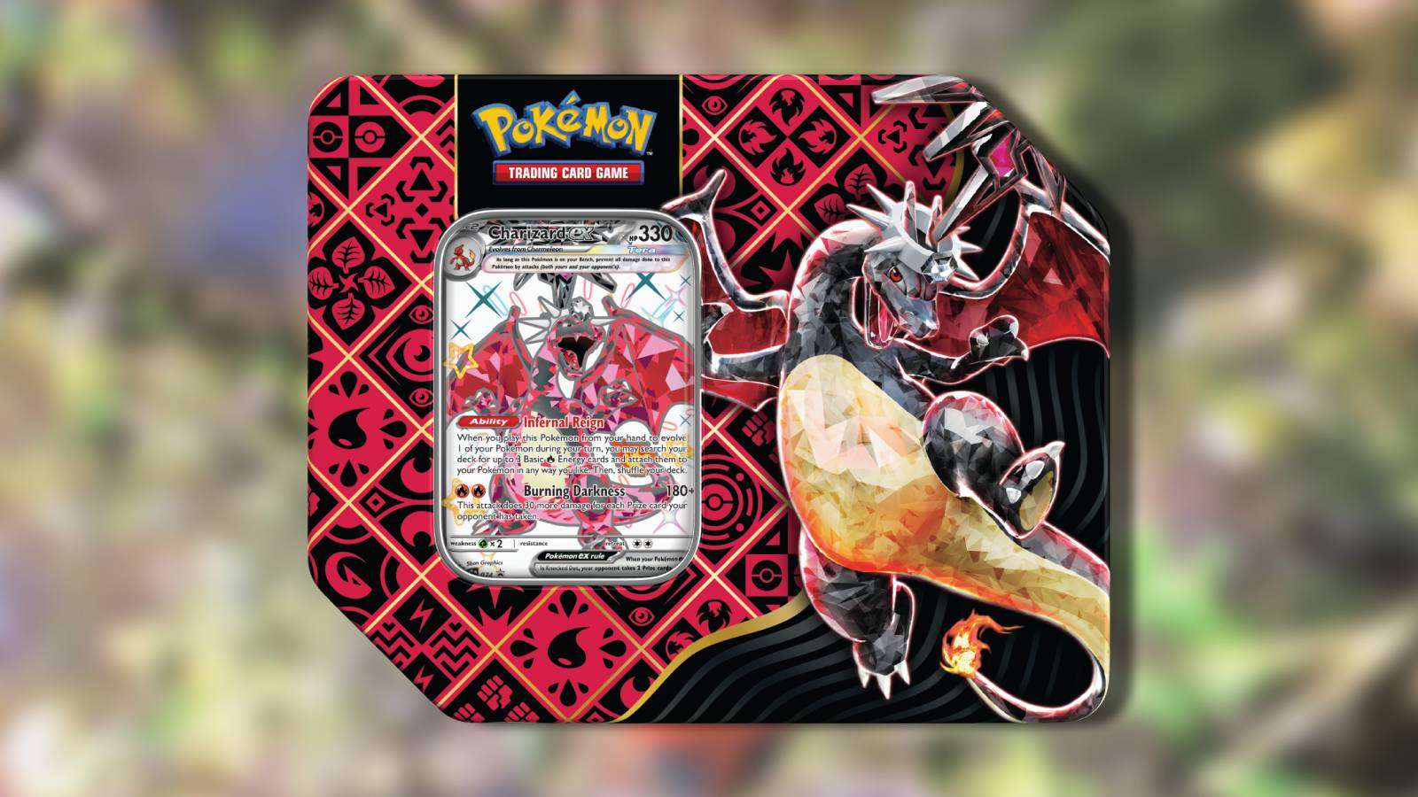 Pokemon TCG Paldean Fates tins are visible against a blurred background