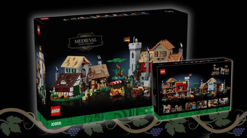 The LEGO Icons Medieval Town Square on a black background with a vine graphic