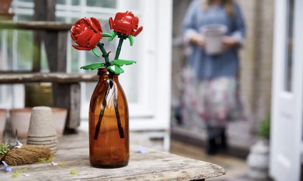 The LEGO Roses displayed in a vase. It is the top LEGO Valentine's Day gift for when you are on a budget
