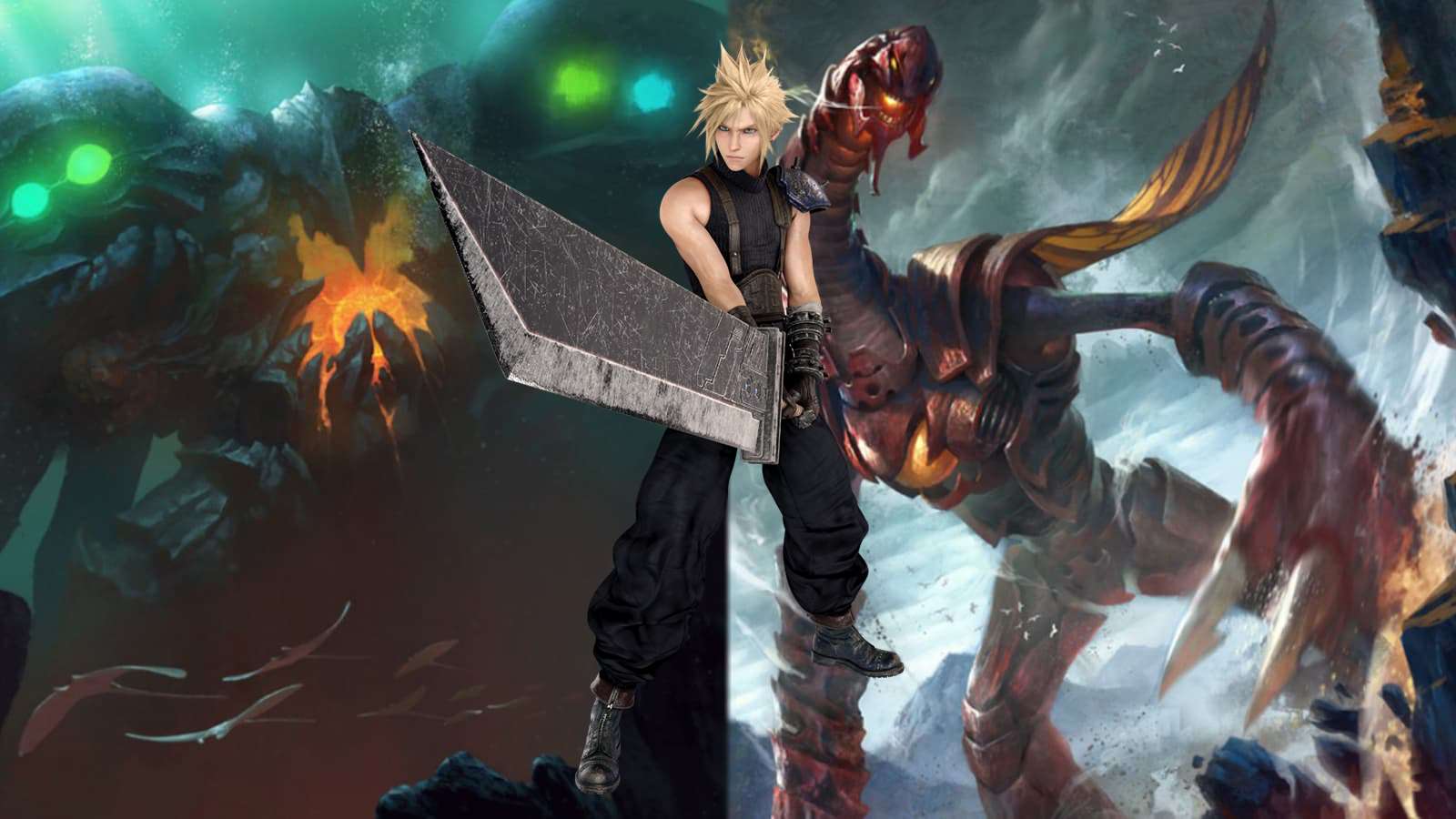 Cloud Strife from Final Fantasy VII Remake in front of emerald and ruby weapon