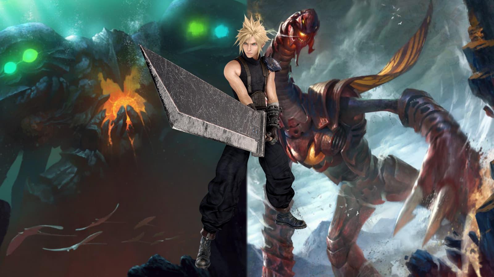 Cloud Strife from Final Fantasy VII Remake in front of emerald and ruby weapon