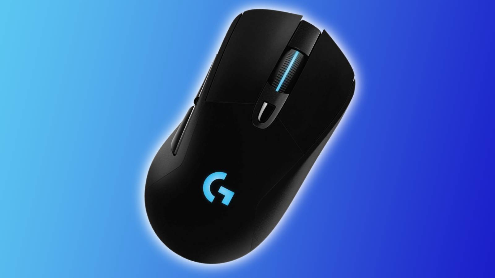 Image of the Logitech G703 Lightspeed wireless gaming mouse on a blue background.