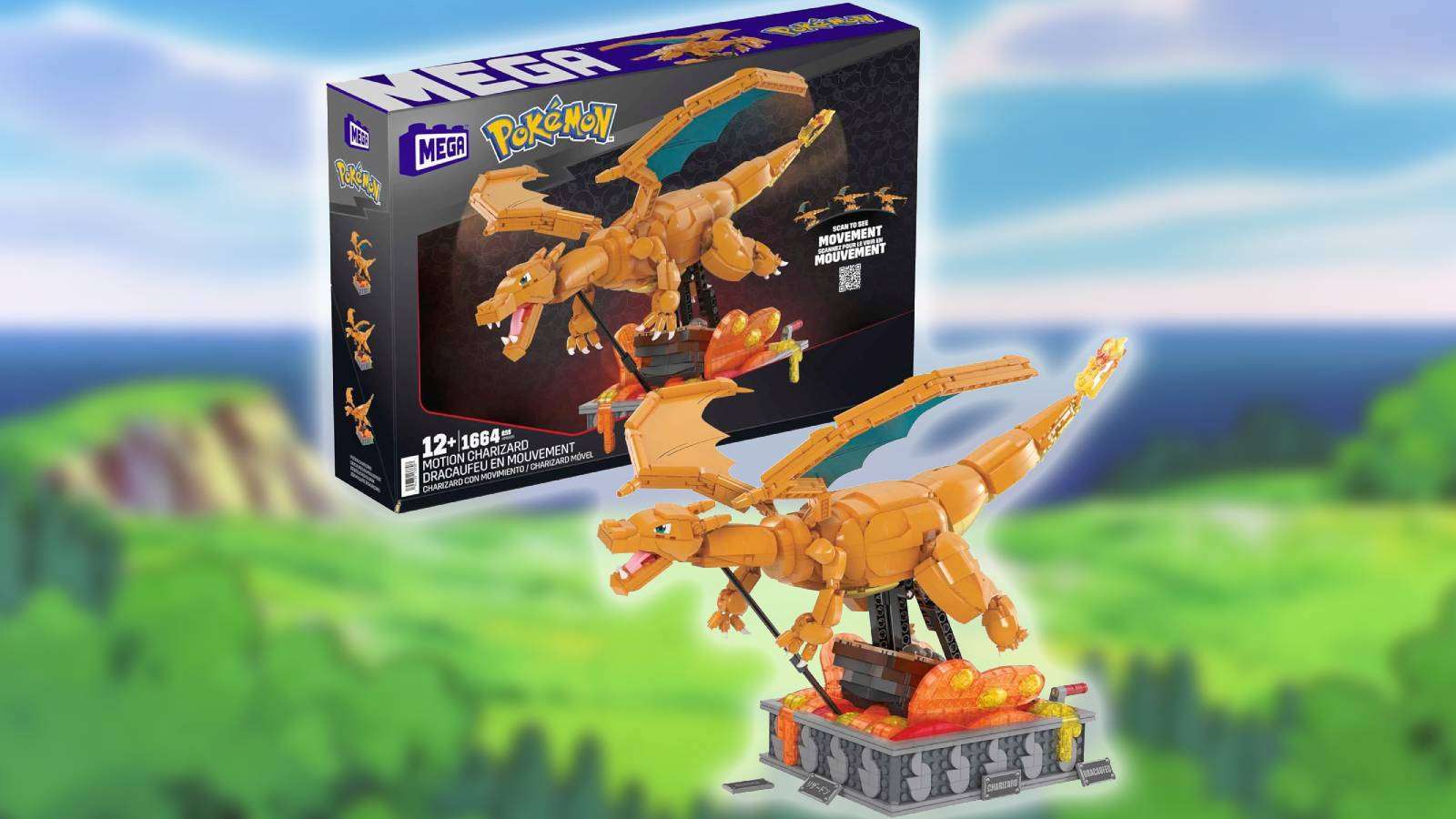 A block-based figure of Charizard is visible alongside the box