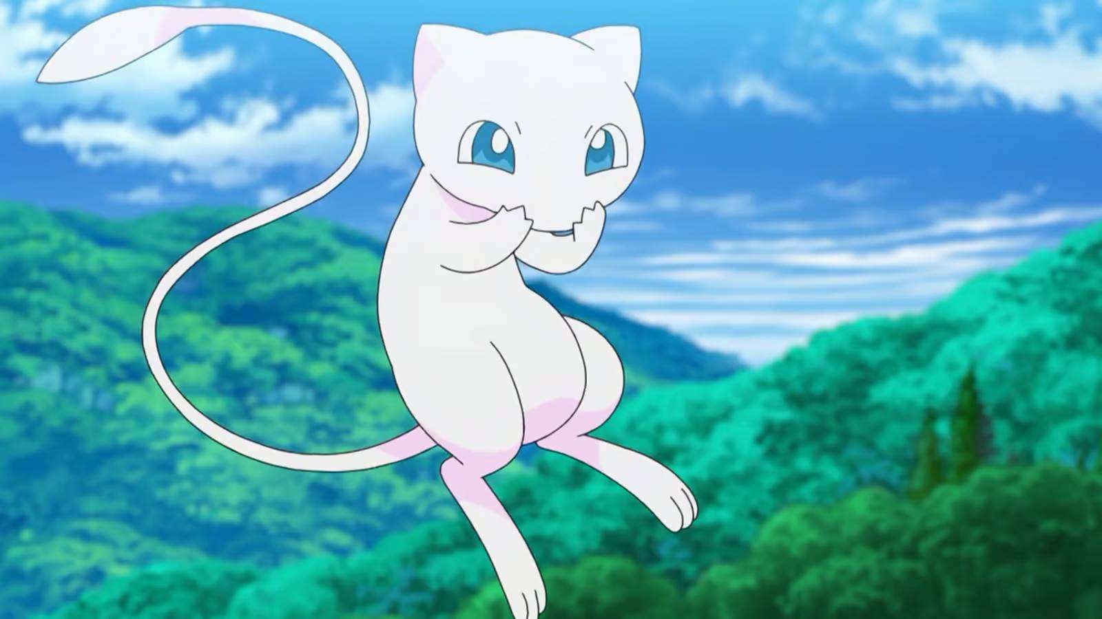 A still from the Pokemon anime shows the Pokemon Mew floating in the air