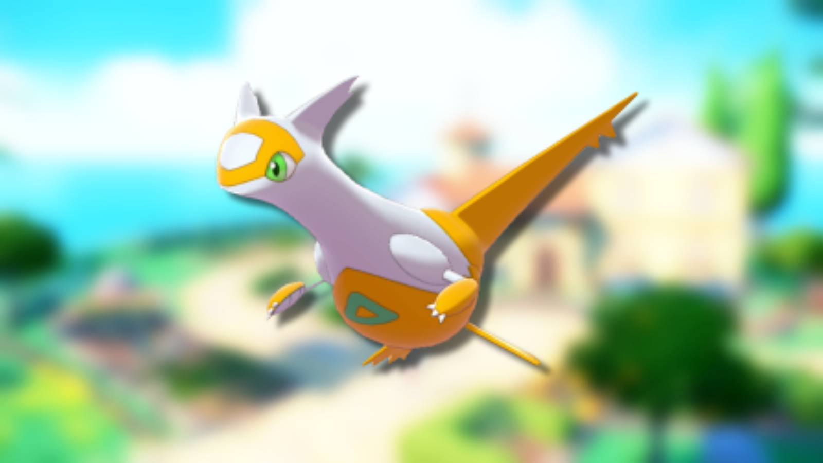 A Shiny version of the Legendary Pokemon Latias appears against a blurred background