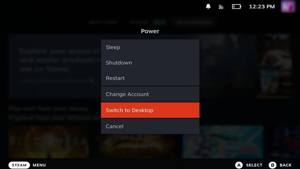 Screenshot of the Power settings on the Steam Deck.
