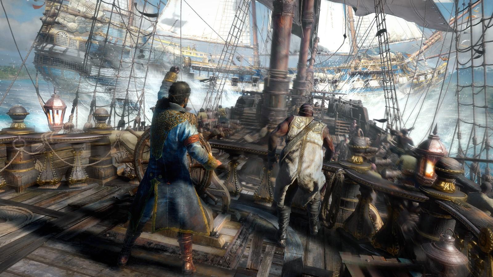 A captain stands at the helm of his ship during vicious naval combat in Skull and Bones