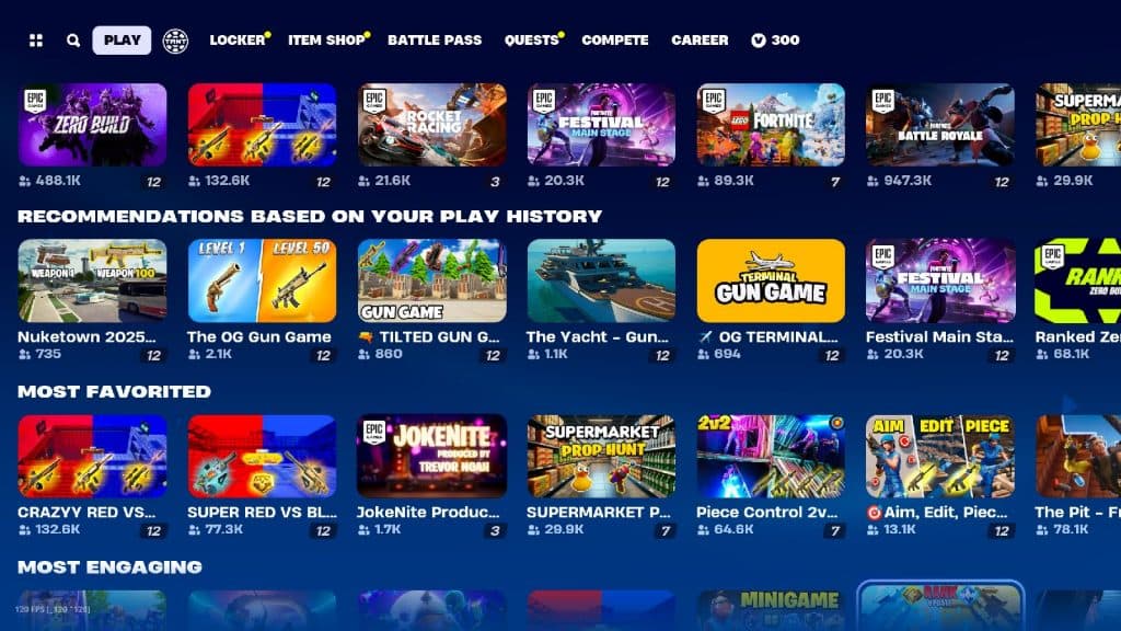 Fortnite Discovery tab showing all the maps available to play.