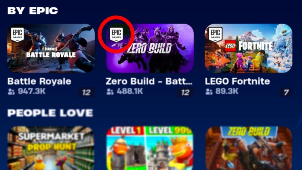 Fortnite Discovery tab showing all the Epic Games official maps.