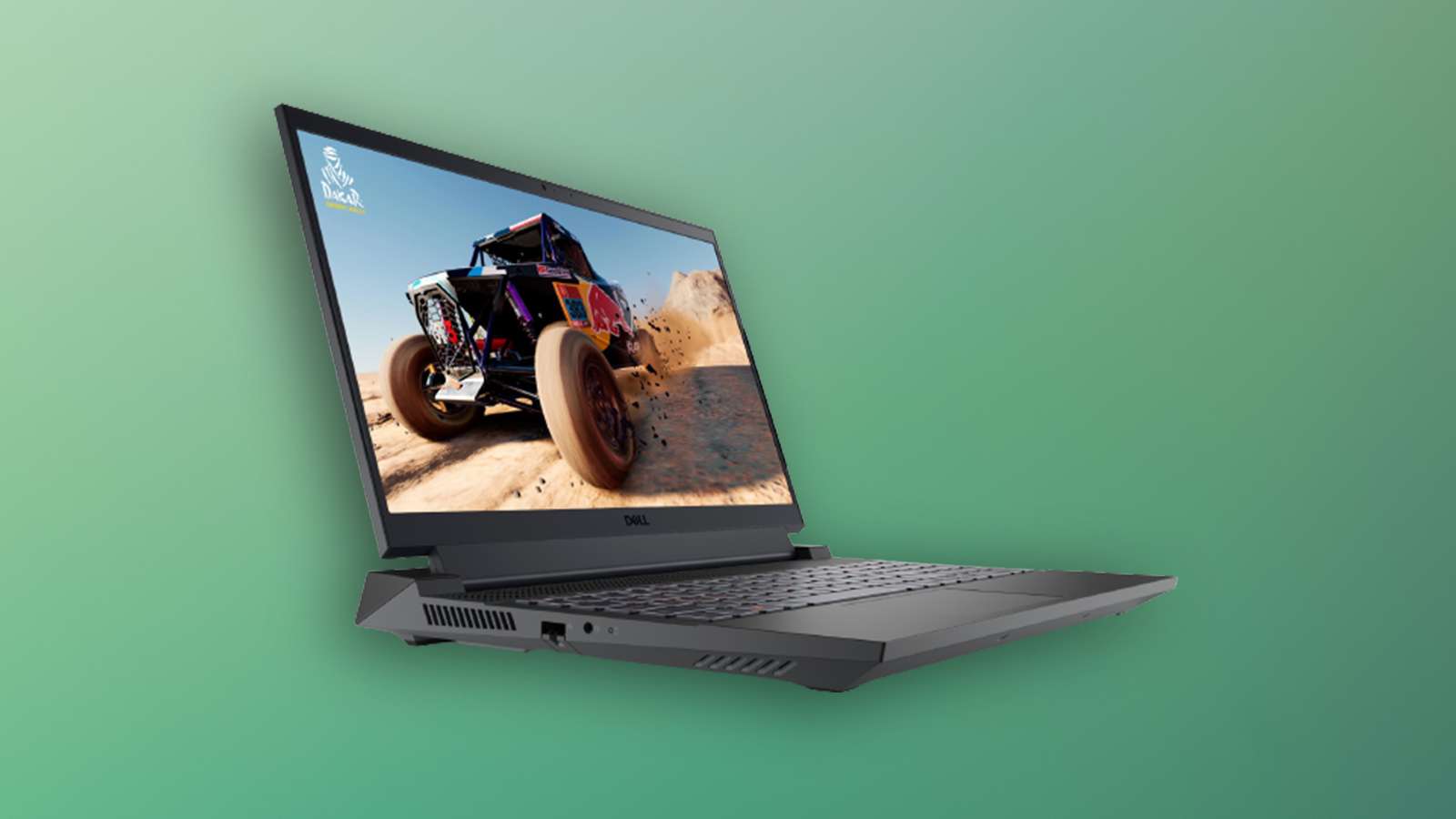 Dell G16 laptop on a green background