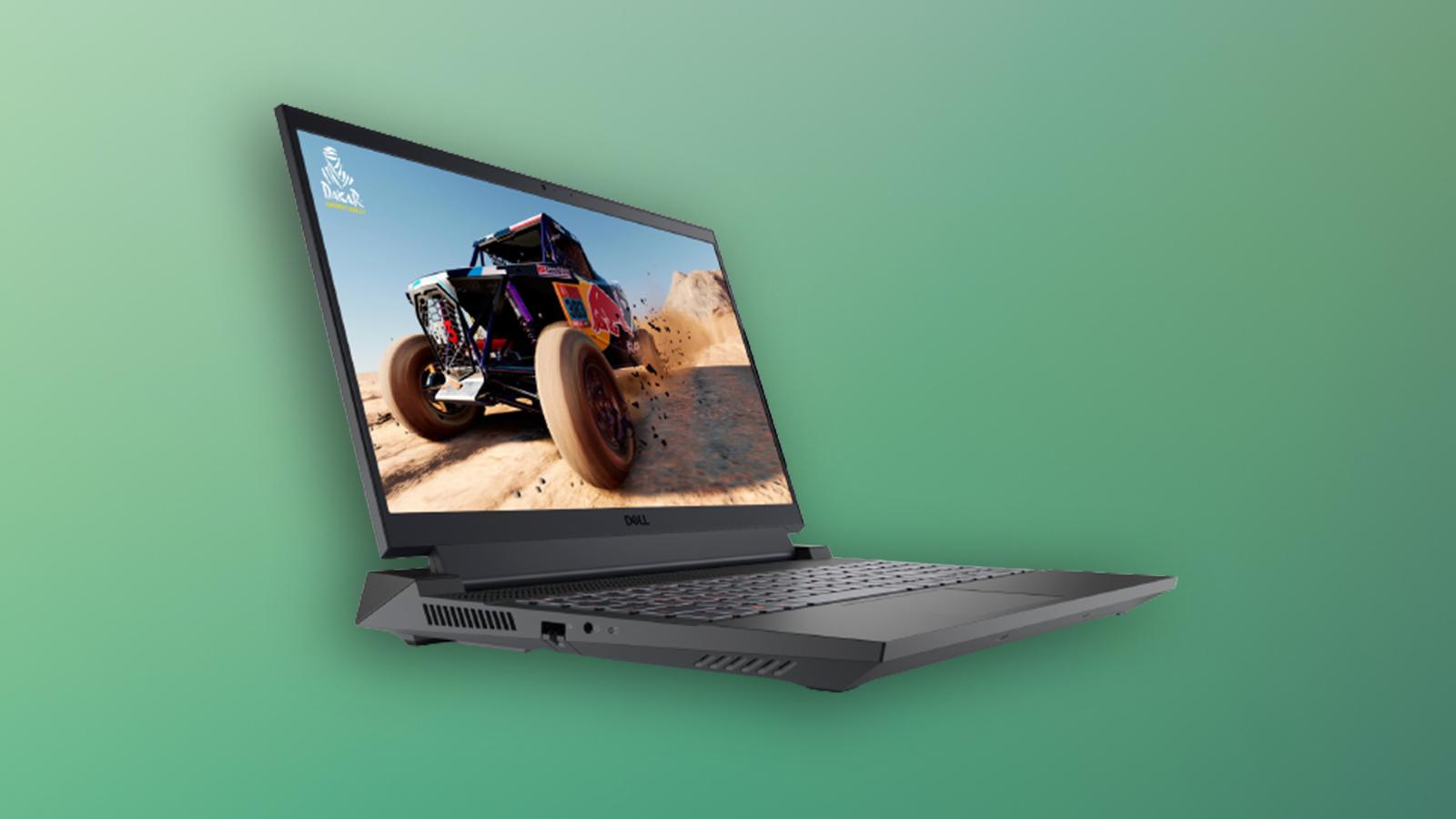 Dell G16 laptop on a green background