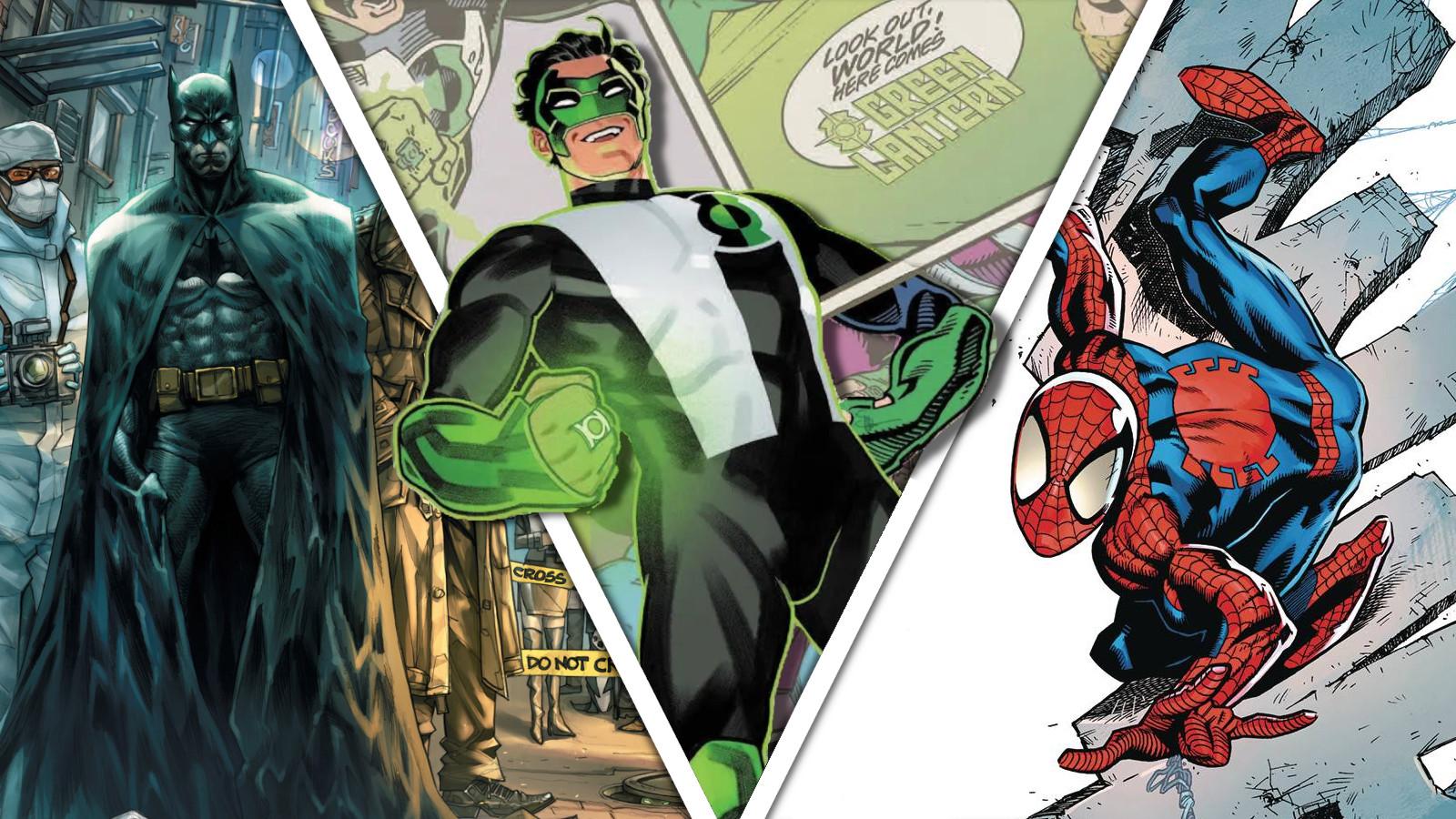 Batman, Green Lantern, and Spider-Man key art