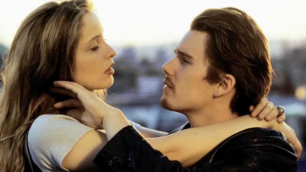 Celine and Jesse gaze into each other's eyes in Before Sunrise.