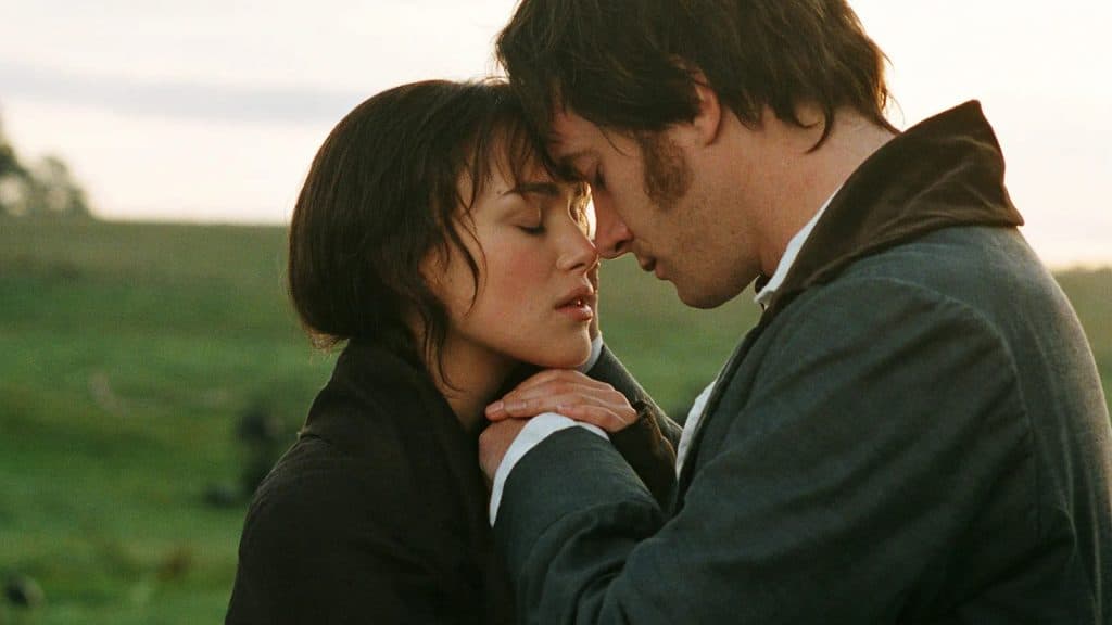 Elizabeth Bennet (Keira Knightly) and Mr Darcy (Matthew Macfadyen) kiss on a moor in Pride and Prejudice (2005)