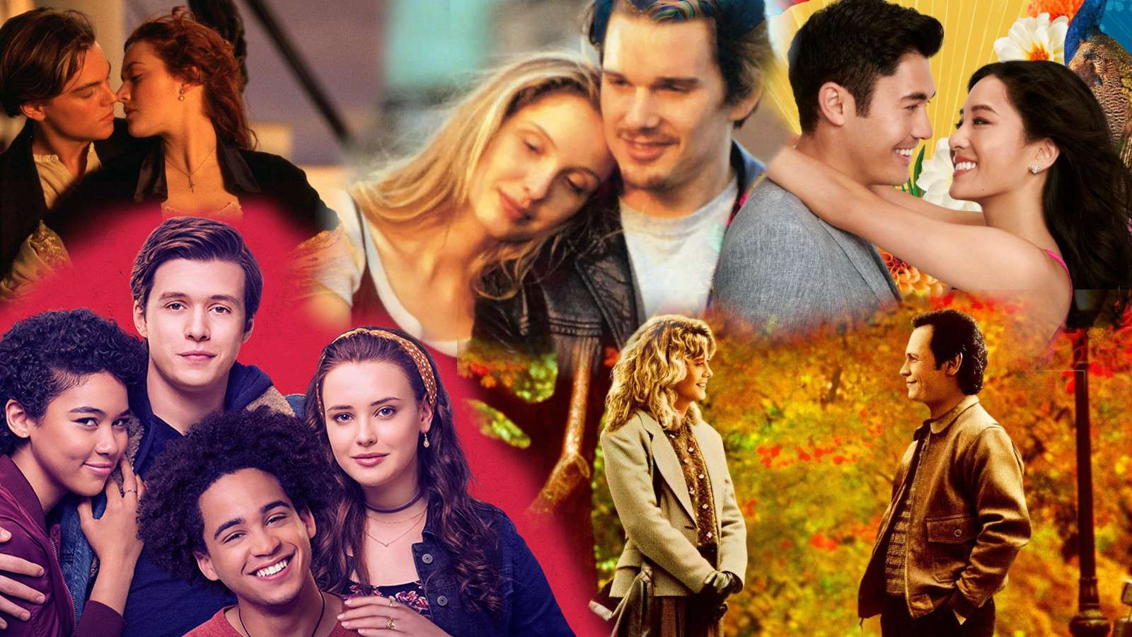 A collage of the best romance movies ever including Titanic, Love, Simon, When harry Met Sally, Crazy Rich Asians, and Before Sunrise.
