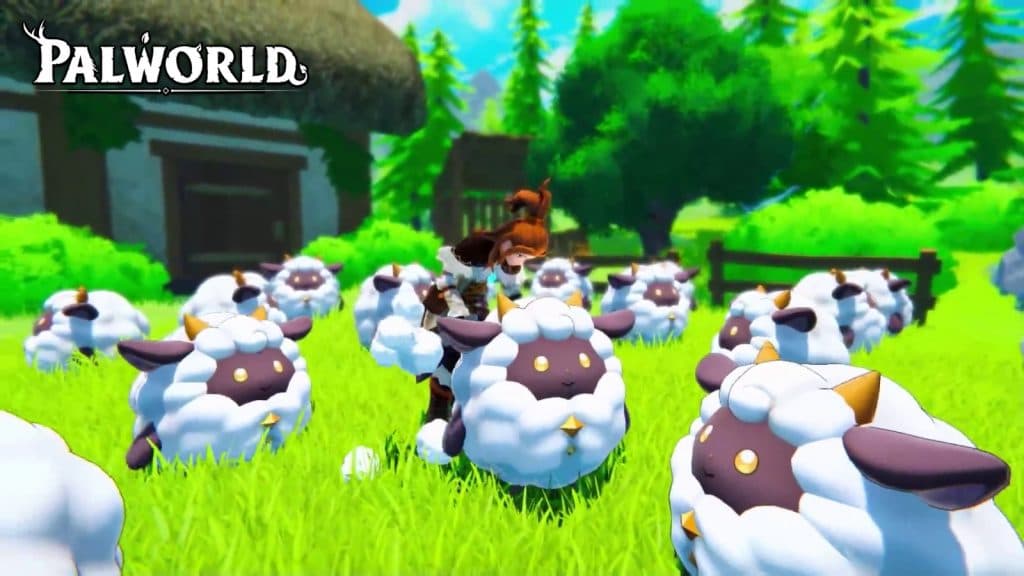 Palworld player harvesting wool from sheep