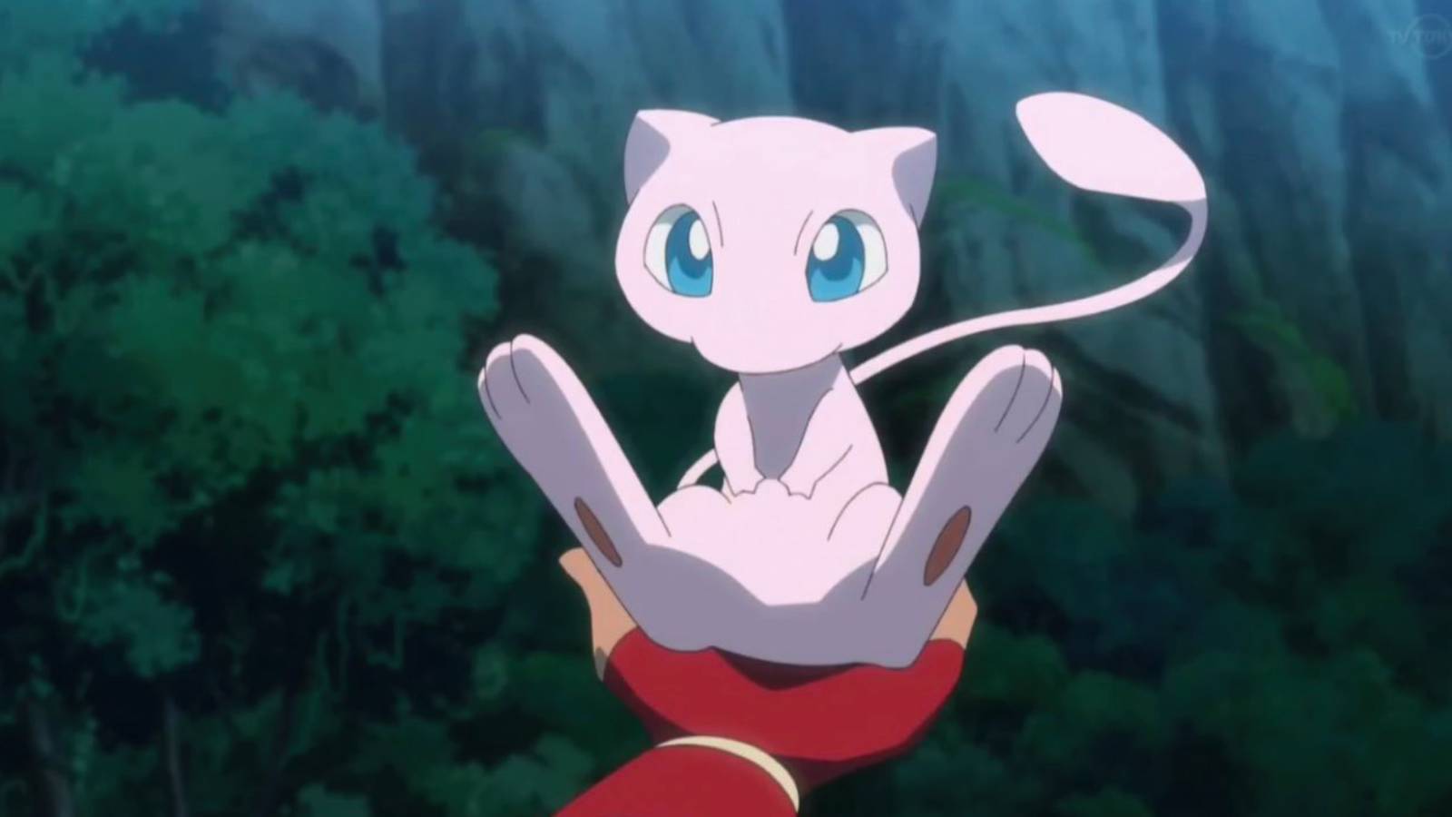 A still from the Pokemon anime shows the Pokemon Mew