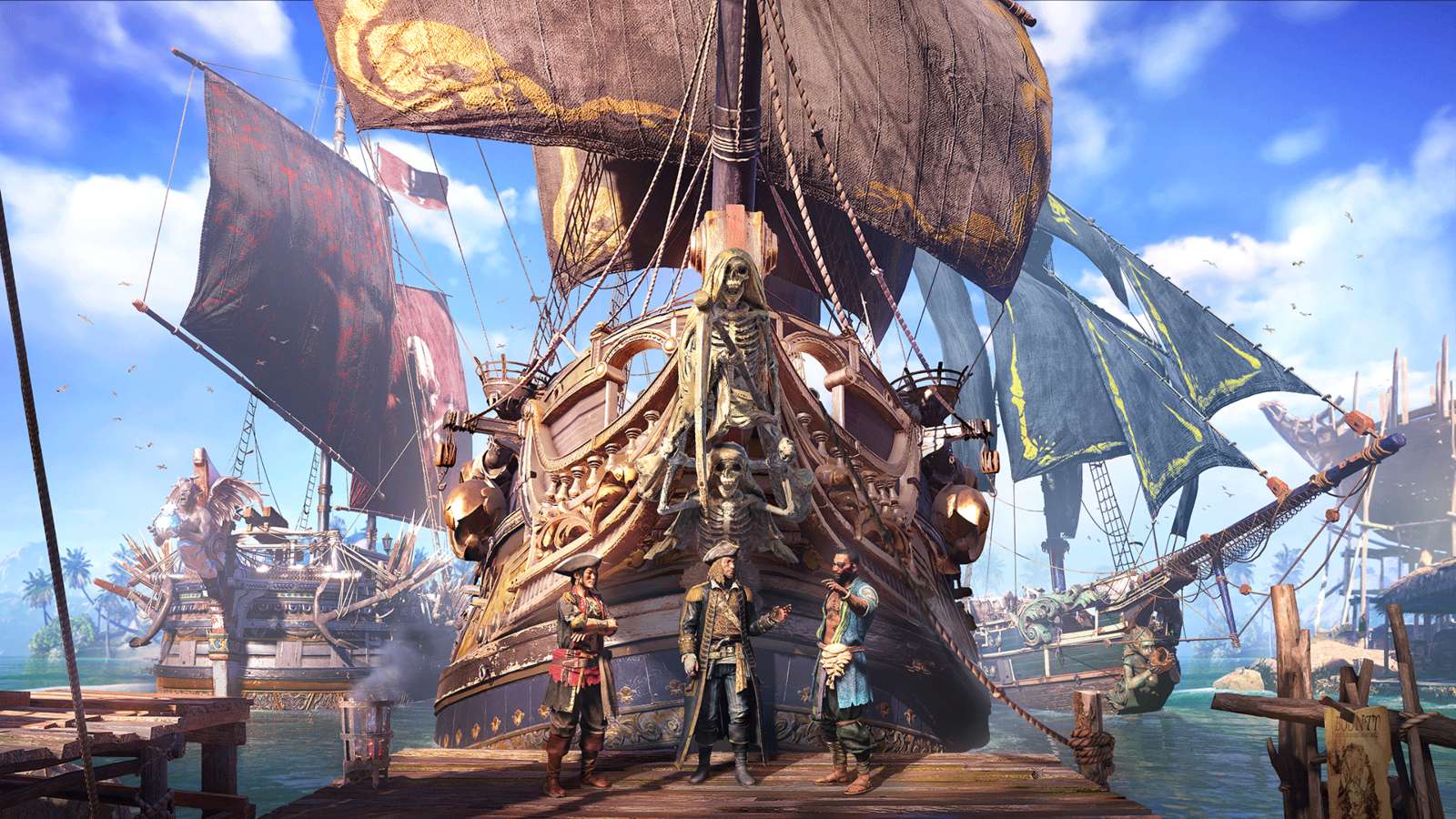 Three pirates standing in front of ships in Skull and Bones