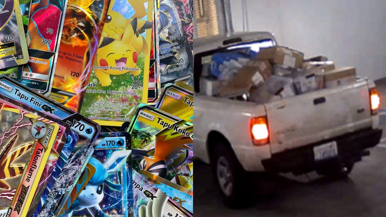 Pokemon cards and pick-up truck filled with stolen cards.