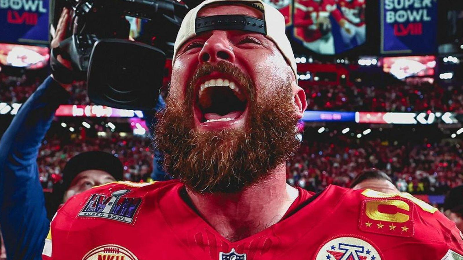 Chiefs' Travis Kelce showing emotion after winning his third Super Bowl over the 49ers on Sunday, Feb. 11, 2024.
