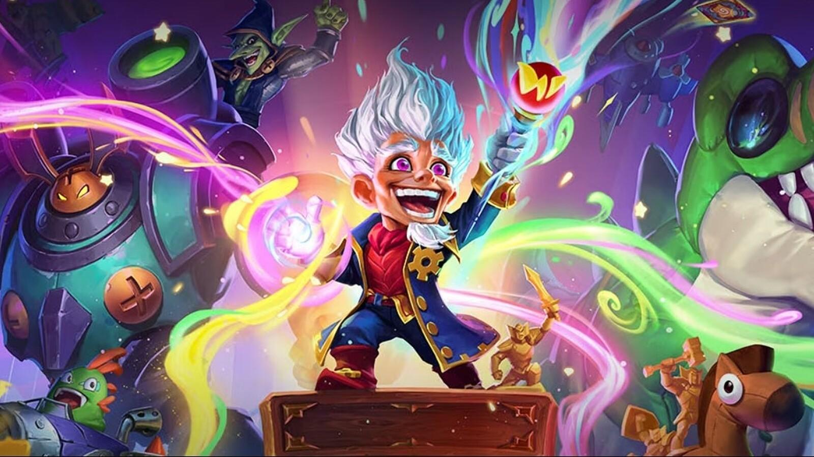 Whizbang's Workshop Confirmation art featuring the character and a bright colorful background filled with his creations