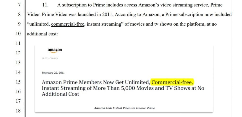 A page from the Amazon Prime lawsuit highlighting Prime Video's advertising