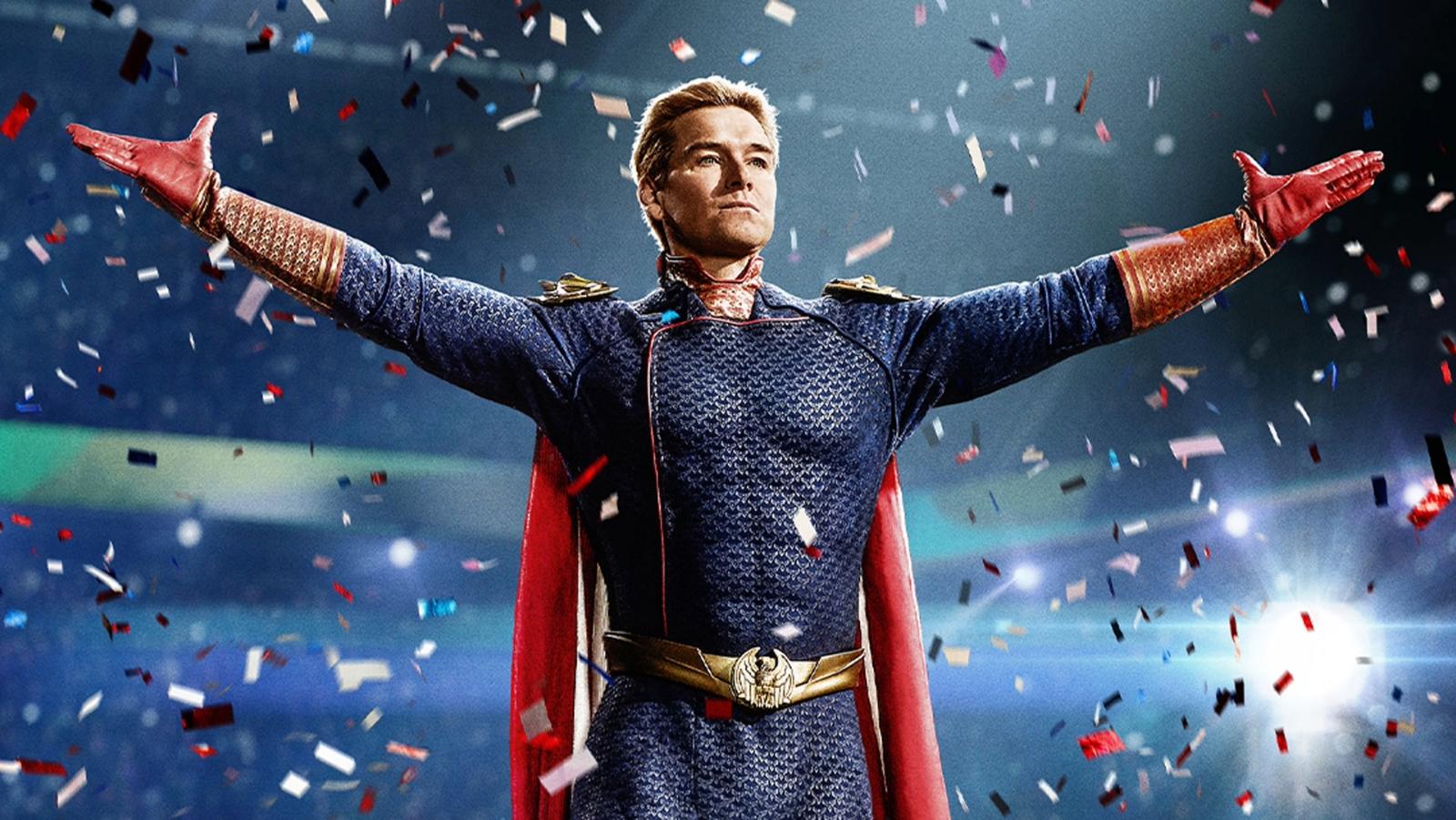 Antony Starr as Homelander in The Boys surrounded by confetti