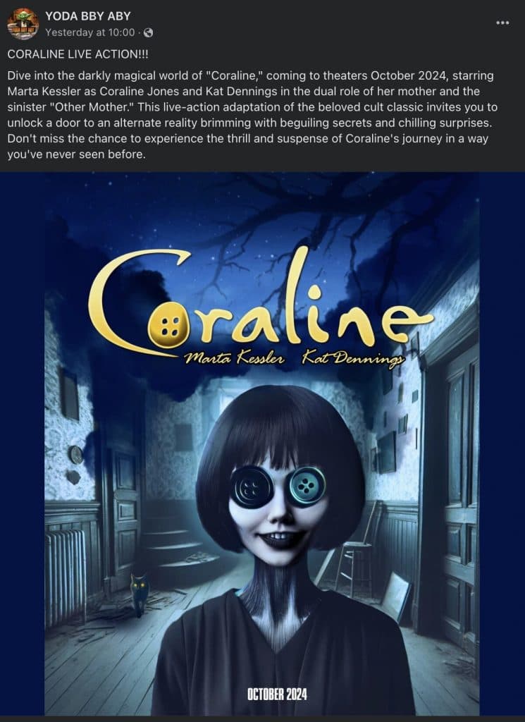 The fake poster for the live-action remake of Coraline