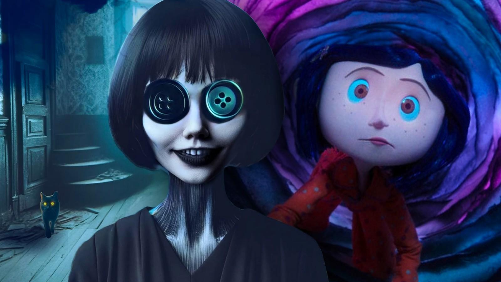 A still from the fake live-action Coraline poster and the real film