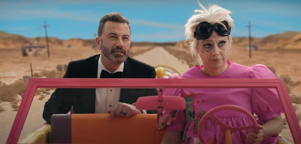 Jimmy Kimmel and Kate McKinnon in Barbie car during Oscars promo