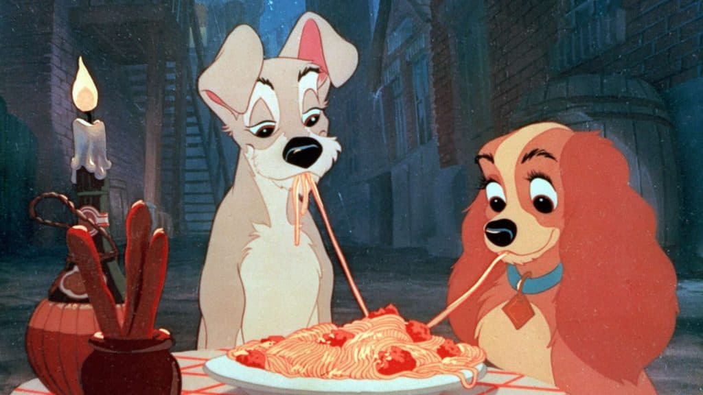 Lady and the Tramp eating spaghetti