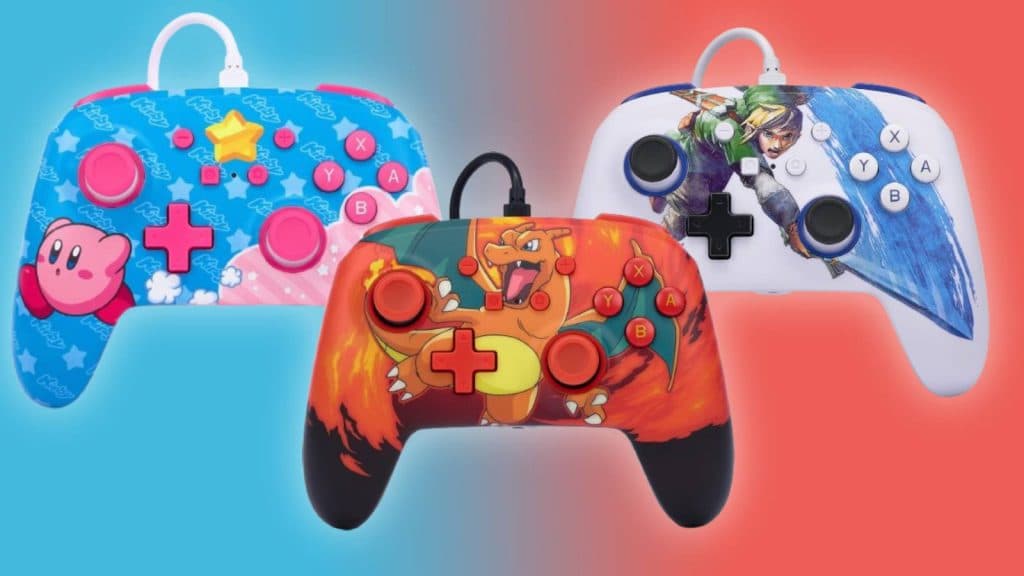 Image of three different PowerA Nintendo Switch controllers.