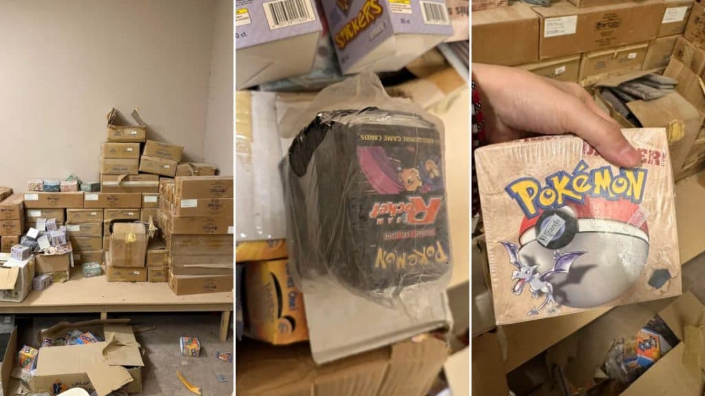 Vintage Pokemon merchandise and cards in cardboard box storage.
