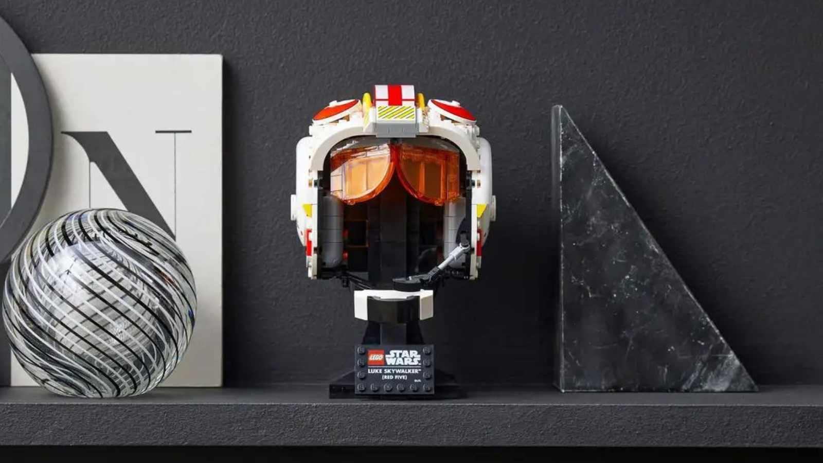 The LEGO Star Wars Luke Skywalker Helmet on display