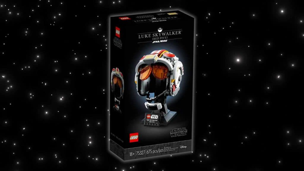 The LEGO Star Wars Luke Skywalker Helmet on a galaxy background