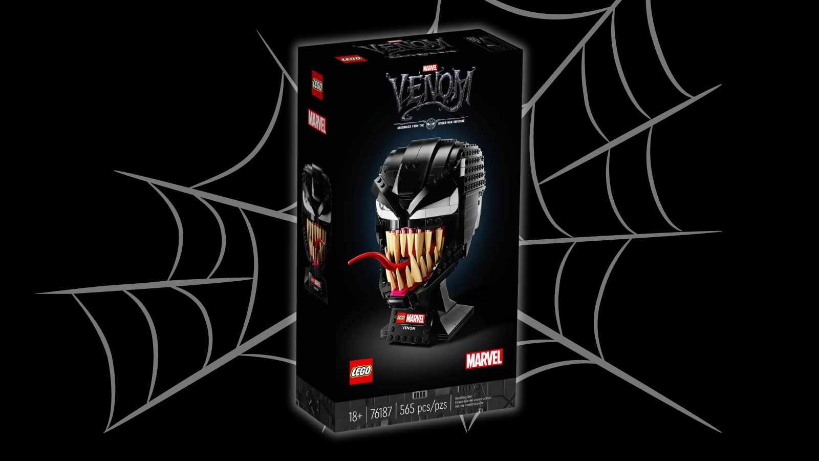 The LEGO Spider-Man Venom on a black background with a web graphic