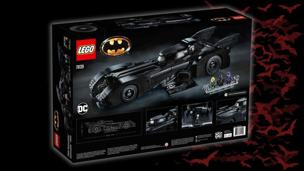 The LEGO DC 1989 Batmobile on a black background with bat graphics