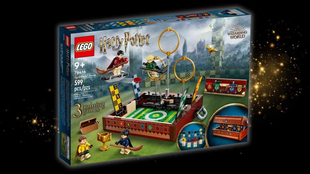 The LEGO Harry Potter Quidditch Trunk set on a black background with magic graphics