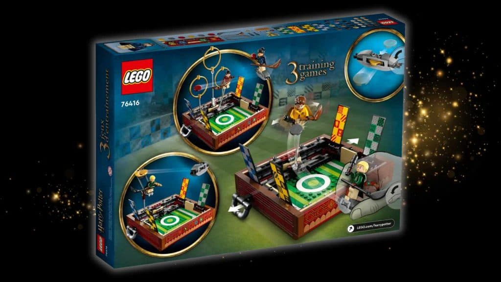 The LEGO Harry Potter Quidditch Trunk set on a black background with magic graphics