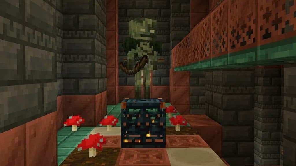 Minecraft's Bogged mob standing on a chest