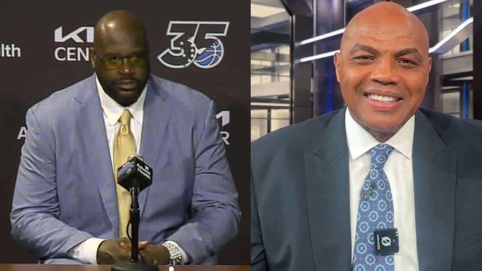 Shaquille O'Neal during his Magic jersey retirement press conferece (left) and Charles Barkley on the set of Inside the NBA (right).