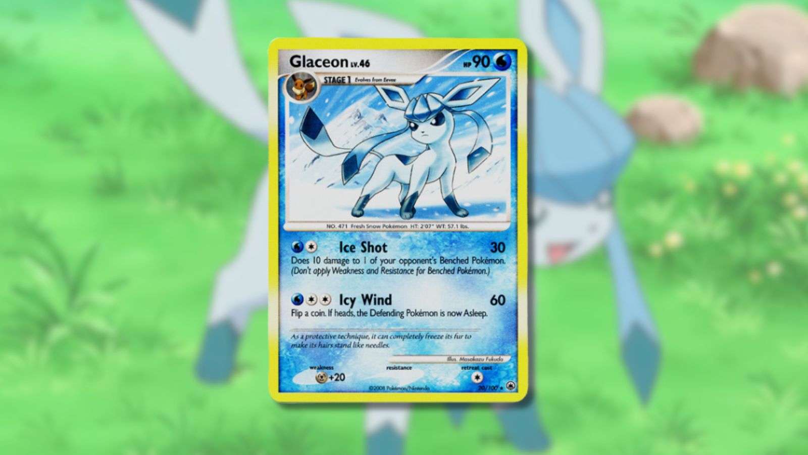 Glaceon Pokemon TCG card on Glaceon anime background