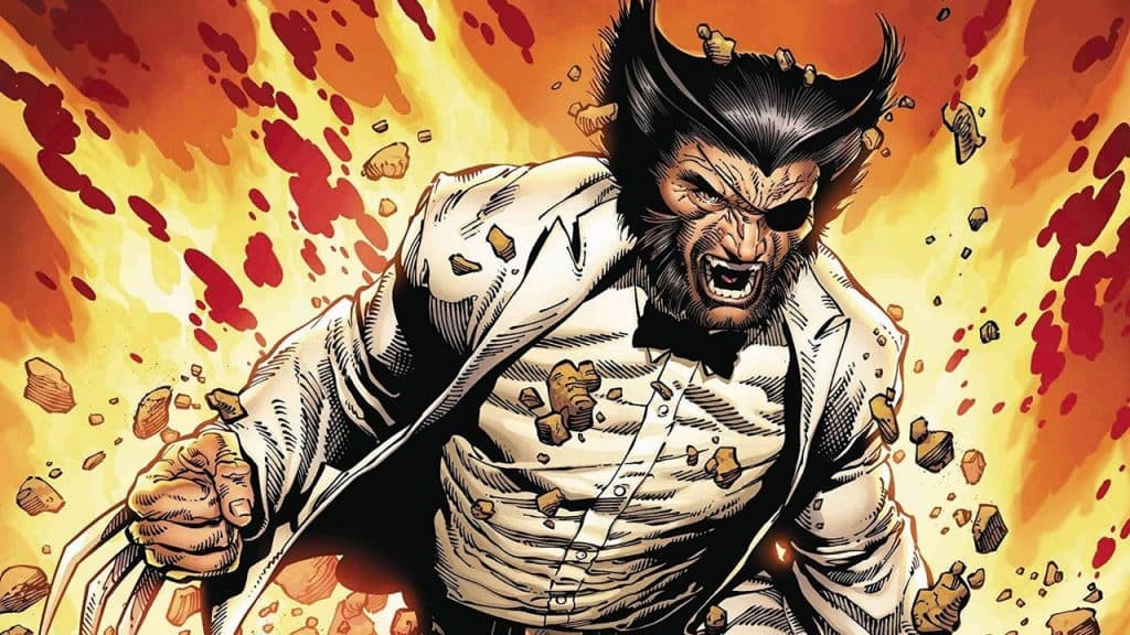 Logan/Wolverine wearing a white suit and eyepatch