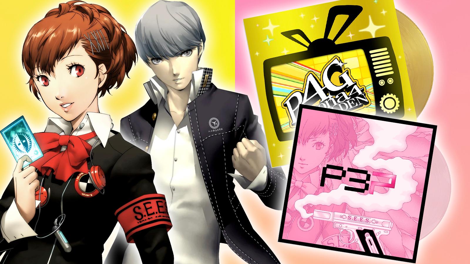 persona 4 and 3 portable protagonists next to both vinyl albums