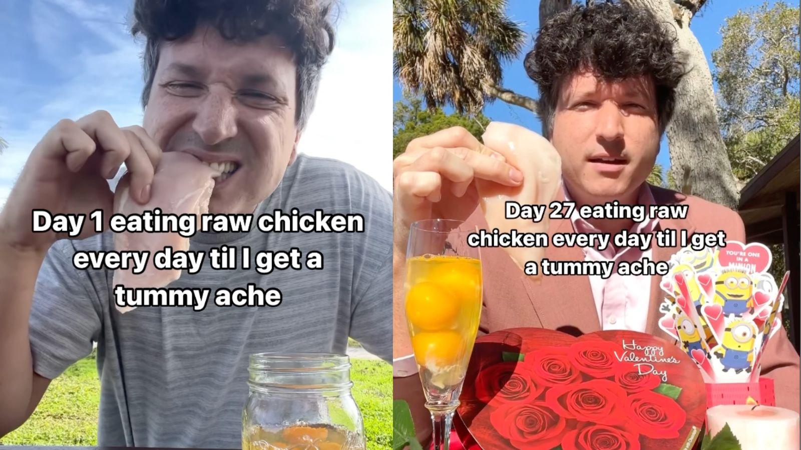 A man is eating raw chicken every day for 100 days