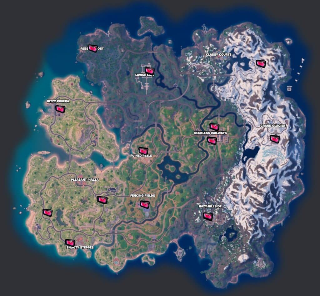 All Fortnite Weapon Case locations on the map.