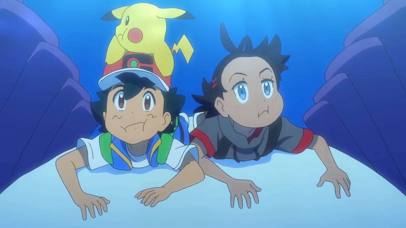 Ash Pikachu & Goh riding Pokemon in anime