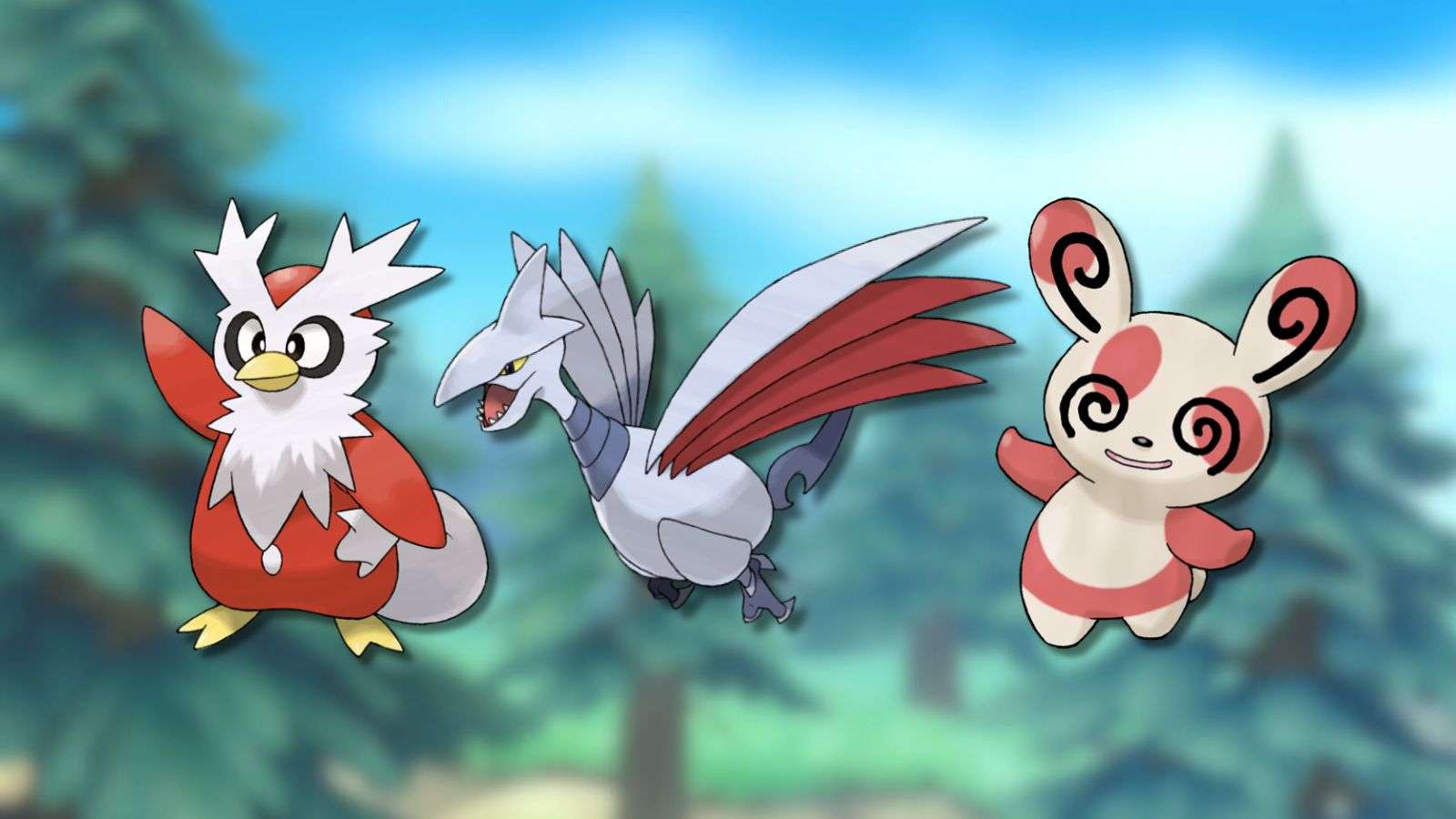 Delibird, Skarmory, and Spinda with Pokemon BDSP background
